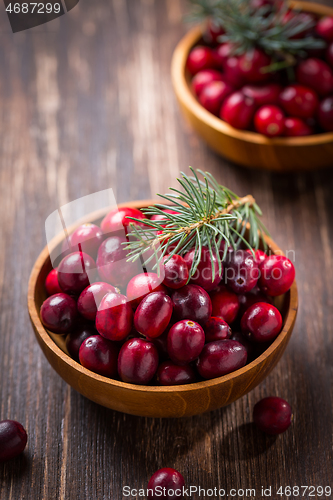 Image of Ripe organic cranberries in wooden bowl on wooden background