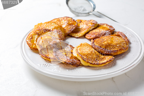 Image of Homemade low calarie curd cheese pancakes on white plate