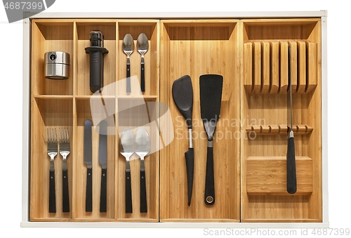 Image of Minimalist kitchen tools put away in a drawer