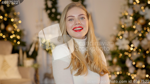 Image of Fashionable smiling woman wearing knitwear cozy sweater in front of christmas tree
