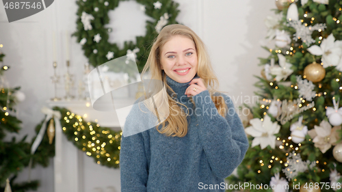 Image of Fashionable smiling woman wearing knitwear cozy sweater in front of christmas tree