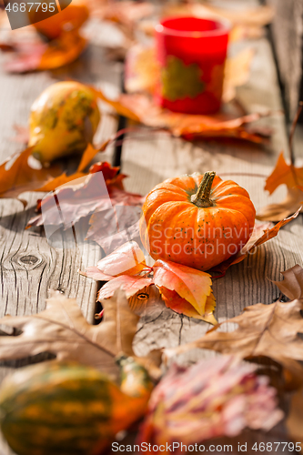 Image of Pumpkins with candles and autumn leaves on wooden background