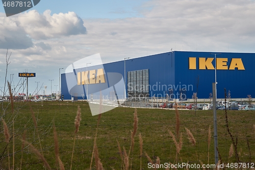 Image of Ikea store sign on blue wall