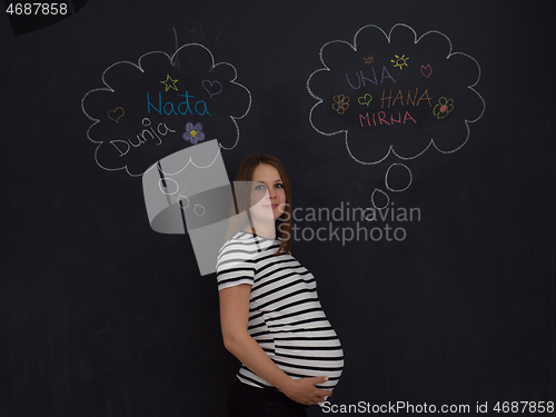 Image of pregnant woman thinking in front of black chalkboard