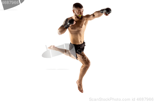 Image of professional fighter boxing isolated on white studio background