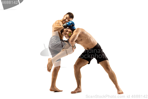 Image of Two professional boxers boxing isolated on white studio background