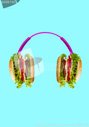 Image of Hamburger and headphones. Modern design. Contemporary art collage.