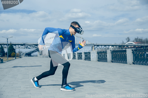 Image of Man running on city background at morning.