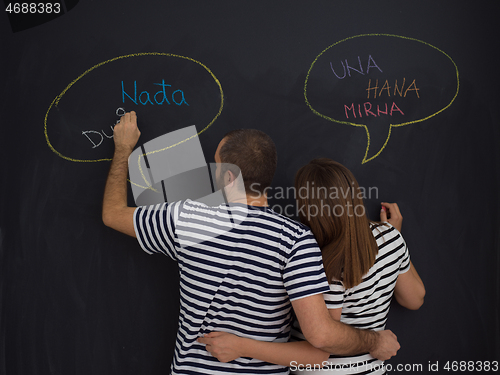 Image of pregnant couple writing on a black chalkboard