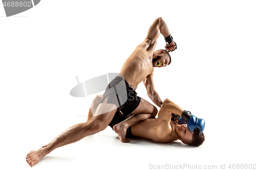 Image of Two professional boxers boxing isolated on white studio background