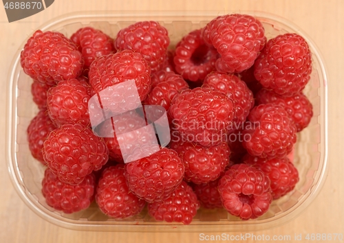 Image of large ripe raspberries in a  plastic container