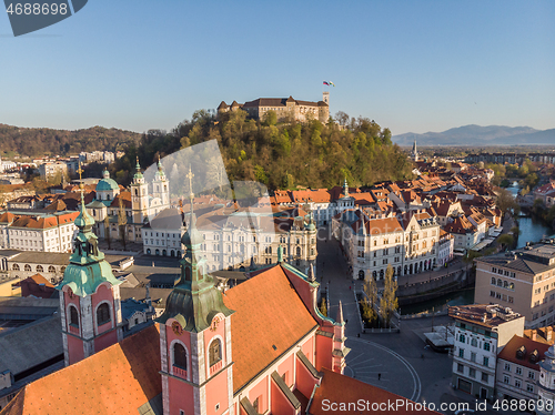 Image of Aerial drone panoramic view of Ljubljana, capital of Slovenia in warm afternoon sun