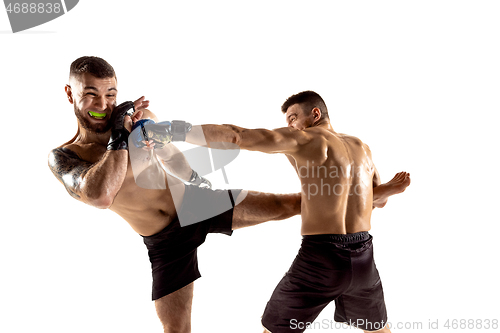 Image of Two professional boxers boxing isolated on white studio background