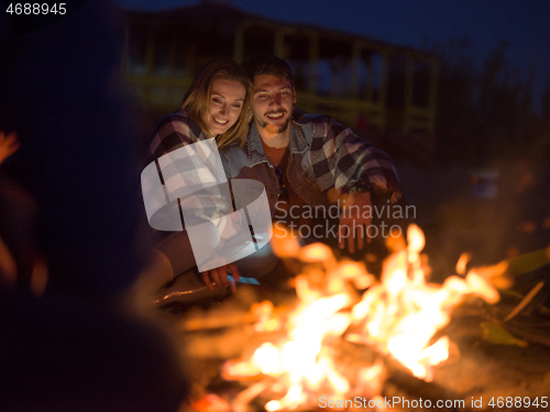 Image of Couple enjoying with friends at night on the beach