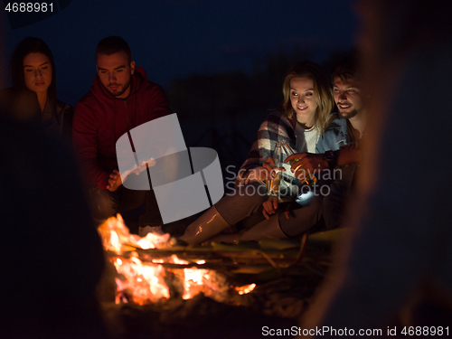 Image of Couple enjoying with friends at night on the beach