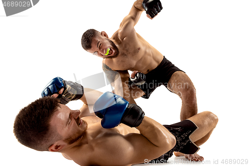 Image of Two professional boxers boxing isolated on white studio background