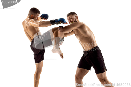 Image of Two professional boxers boxing isolated on white studio background