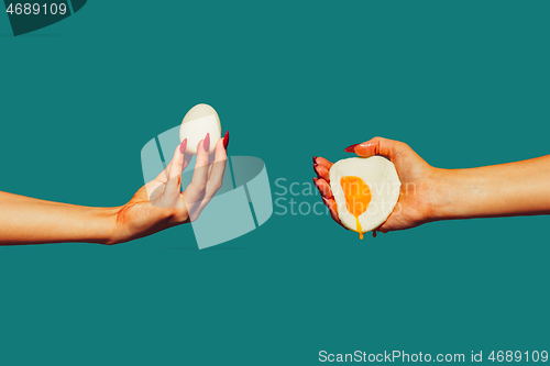Image of Modern art collage in pop-art style. Hands isolated on trendy colored background with copyspace, contrast