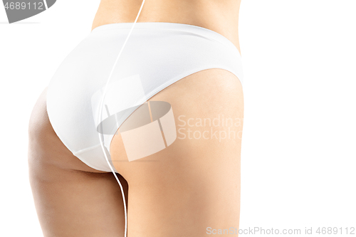 Image of Overweight woman with fat cellulite legs and buttocks, obesity female body in white underwear comparing with fit and thin body isolated on white background