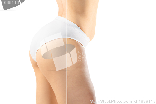 Image of Overweight woman with fat cellulite legs and buttocks, obesity female body in white underwear comparing with fit and thin body isolated on white background