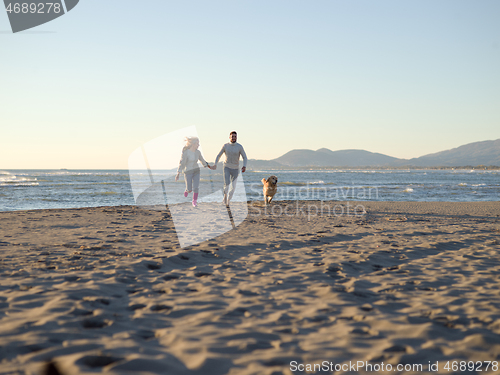 Image of couple with dog having fun on beach on autmun day