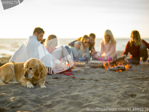 Image of Friends having fun at beach on autumn day