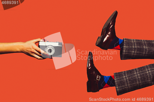 Image of Modern art collage in pop-art style. Hands isolated on trendy colored background with copyspace, contrast