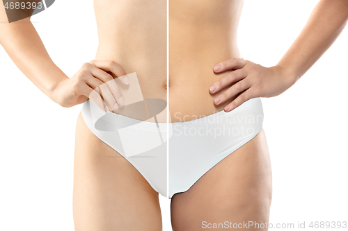 Image of Overweight woman with fat cellulite legs and belly, obesity female body in white underwear comparing with fit and thin body isolated on white background