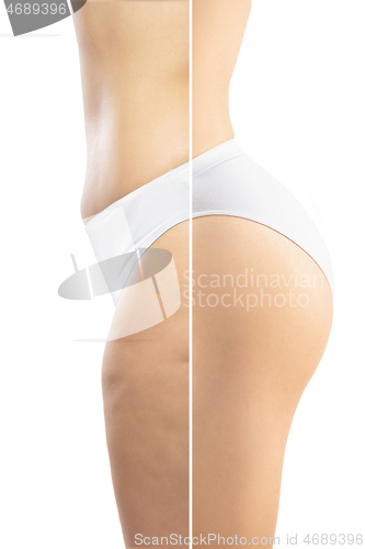 Image of Overweight woman with fat cellulite legs and buttocks, obesity female body in white underwear comparing with fit and thin body isolated on white background