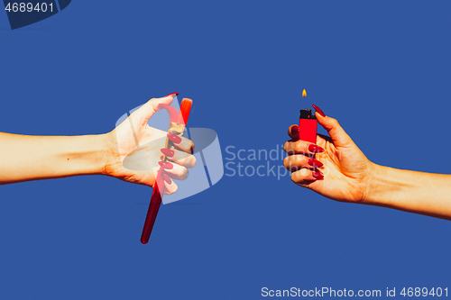 Image of Modern art collage in pop-art style. Hands isolated on trendy colored background with copyspace, contrast