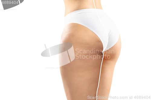 Image of Overweight woman with fat cellulite legs and buttocks, obesity female body in white underwear comparing with fit and thin body isolated on white background