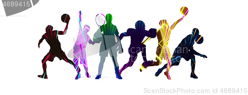 Image of Sport collage made of drawing sportsmen with bright fluid colors isolated on white studio background