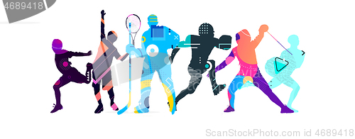 Image of Sport collage made of drawing sportsmen with bright fluid colors isolated on white studio background