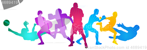 Image of Sport collage made of drawing sportsmen with bright fluid colors isolated on white studio background