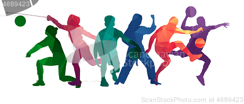 Image of Sport collage made of drawing sportsmen with bright fluid colors isolated on white studio background