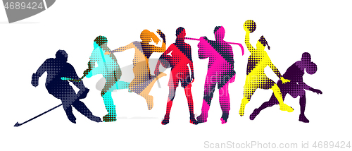 Image of Sport collage made of drawing sportsmen with bright fluid colors isolated on white studio background