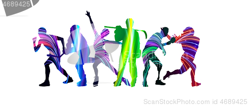 Image of Sport collage made of drawing sportsmen with bright fluid colors isolated on white studio background