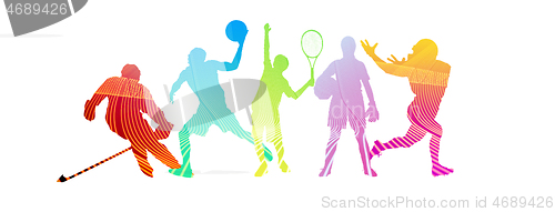 Image of Sport collage made of drawing sportsmen with bright fluid colors isolated on white studio background