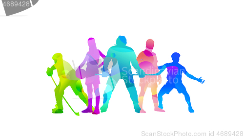 Image of Sport collage made of drawing sportsmen with bright fluid colors isolated on white studio background