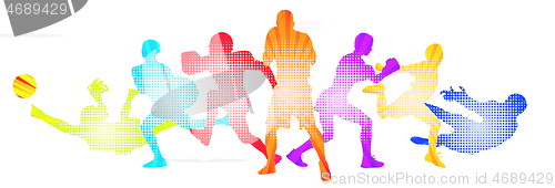 Image of Sport collage made of drawing sportsmen with bright fluid colors isolated on white studio background