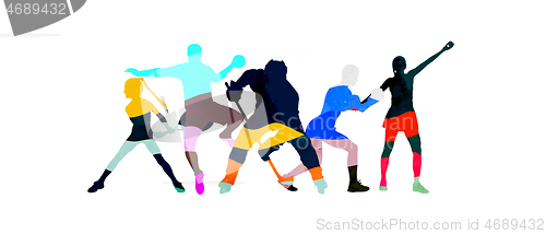 Image of Sport collage made of drawing sportsmen with bright fluid colors isolated on white studio background