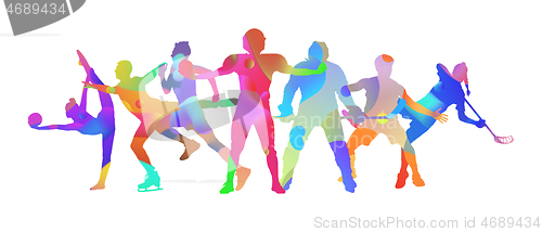 Image of Sport collage made of drawing sportsmen with bright fluid colors isolated on white studio background