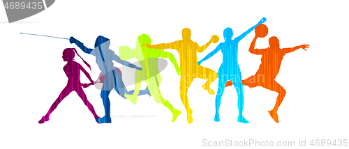 Image of Sport collage made of drawing sportsmen with bright fluid colors isolated on white studio background