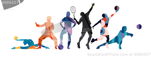 Image of Sport collage made of drawing sportsmen with bright fluid colors isolated on white studio background