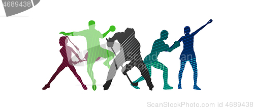 Image of Sport collage made of drawing sportsmen with bright fluid colors isolated on white studio background