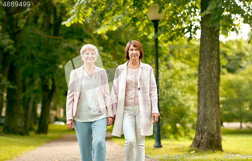 Image of senior women or friends walking along summer park