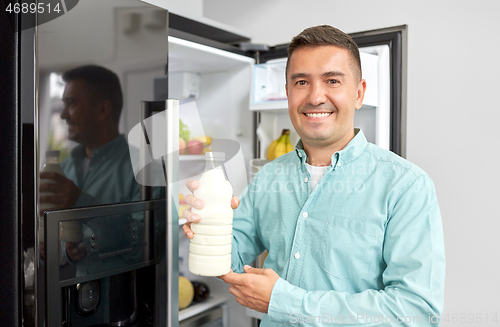 Image of man taking milk from fridge at home kitchen