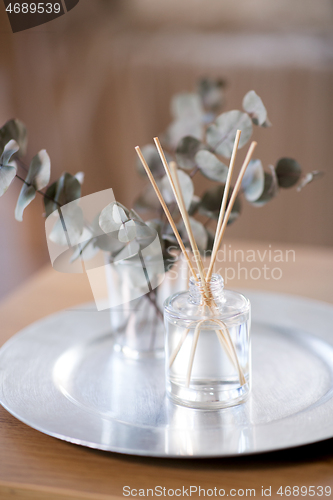 Image of aroma reed diffuser and branches of eucalyptus