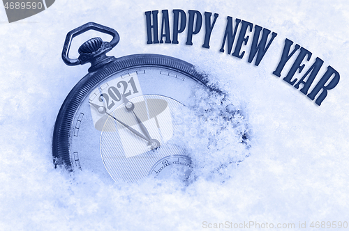 Image of 2021 Happy New Year, New Year 2021 greeting card, pocket watch in snow, English text, countdown to midnight