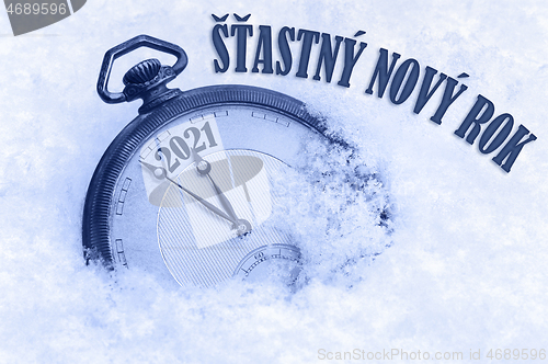 Image of New year card 2021,Happy New Year 2021 greeting in Czech language, Stastny novy rok text, countdown to midnight